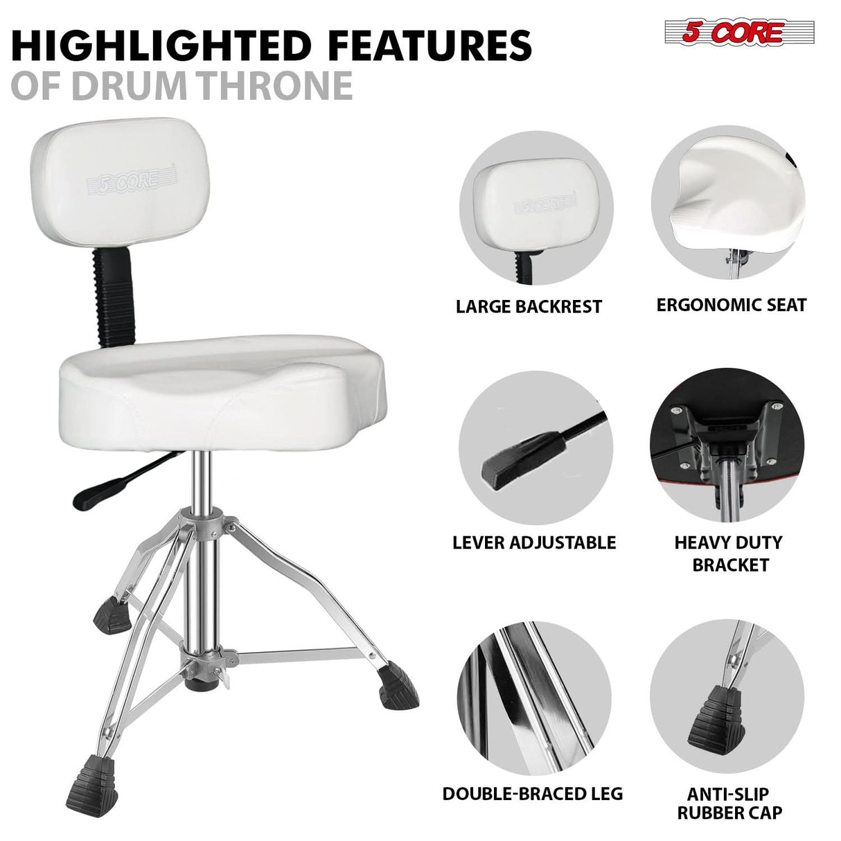 5 Core Drum Throne w Backrest 4" Padded Stool Adjustable 24.5" Drummer Chair w 441Lb Capacity
