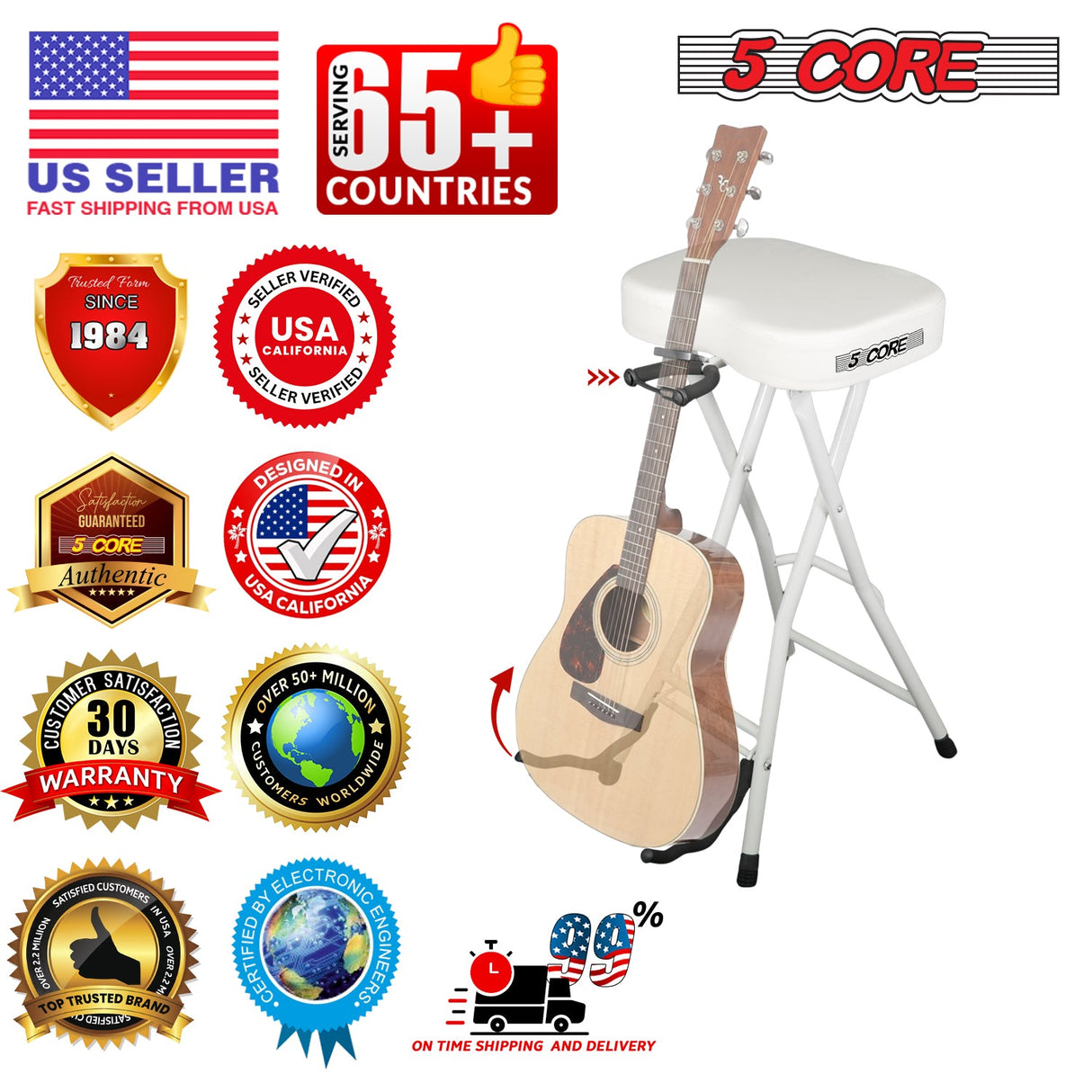 5Core Guitar Stool 3.15" Padded Chair Foldable Heavy Duty Music Seat Built in Foot Rest Guitar Stand
