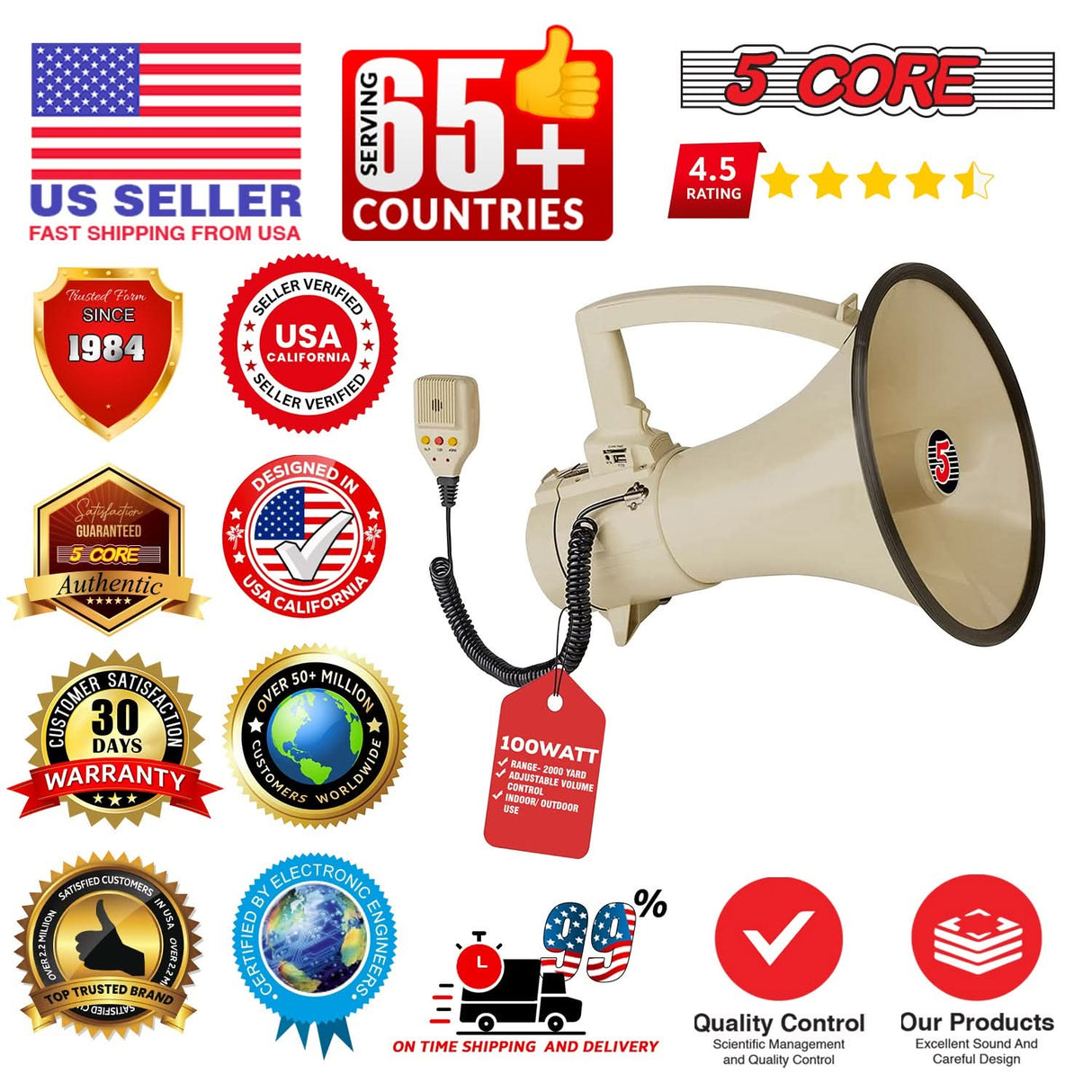 5 Core Megaphone 100W Bull Horn Professional PA Speaker w 2000 Yards Range Loud Siren Voice Amp
