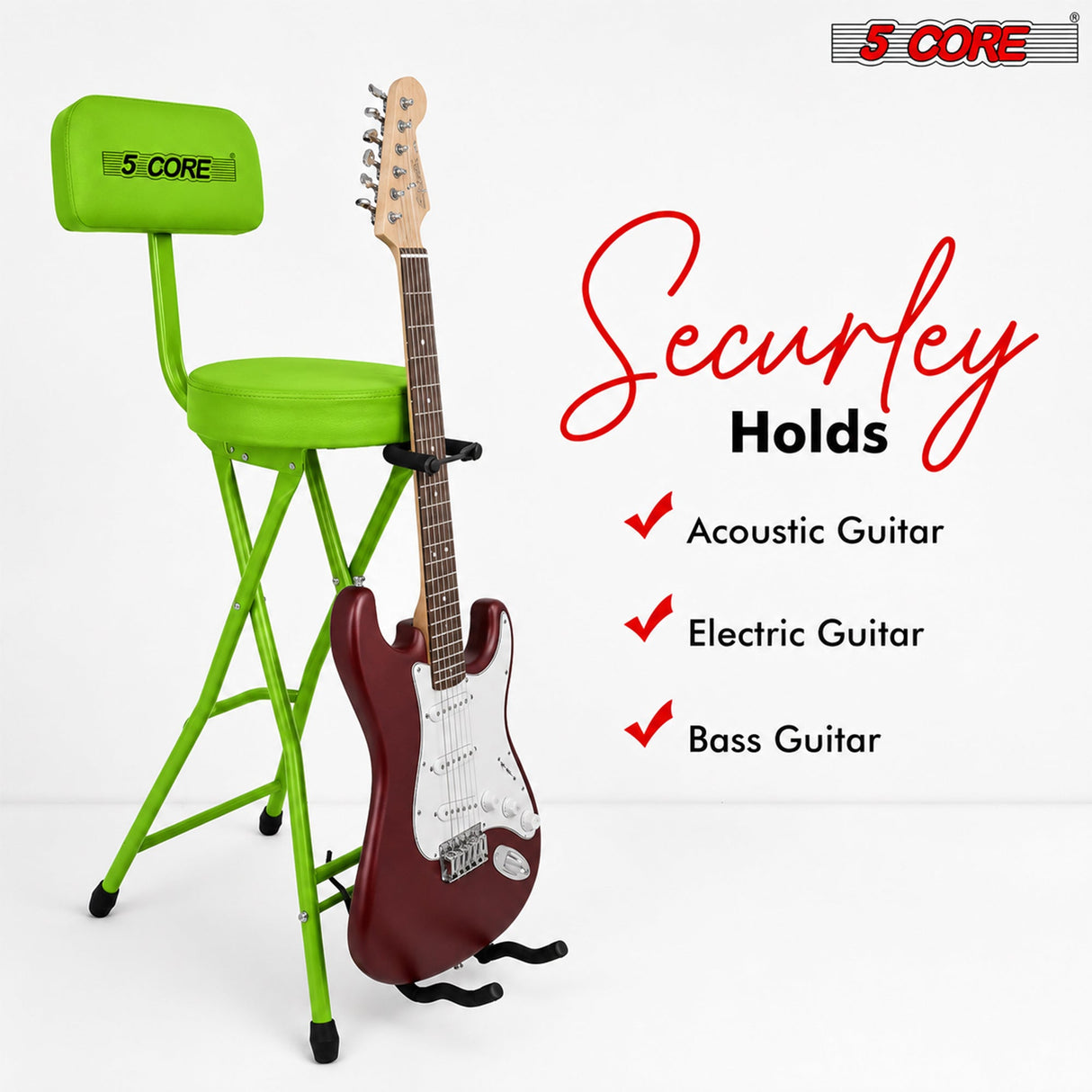5Core Guitar Stool 3.15" Padded Chair w Backrest Foldable Music Seat Built in Foot Rest Guitar Stand
