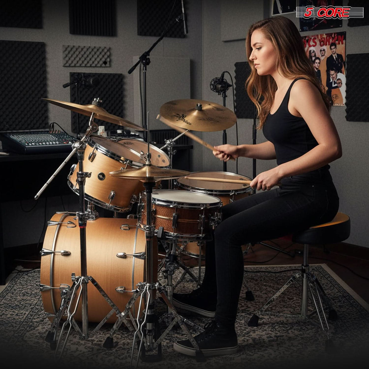 5 Core Drum Throne w Backrest 4" Padded Stool Airlift 25" Adjustable Drummer Stool 441Lb Capacity