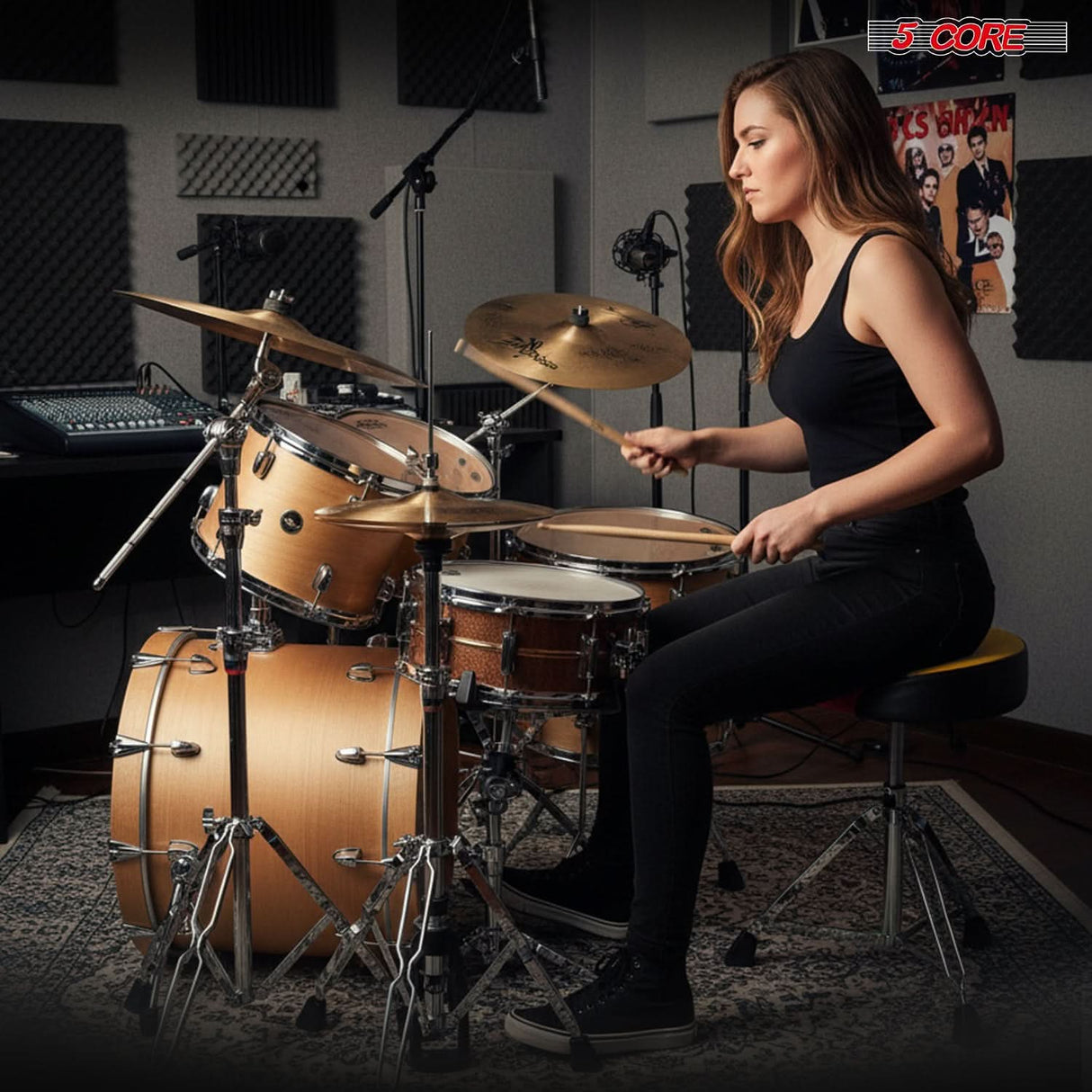 5 Core Drum Throne w Backrest 4" Padded Stool Airlift 25" Adjustable Drummer Stool 441Lb Capacity