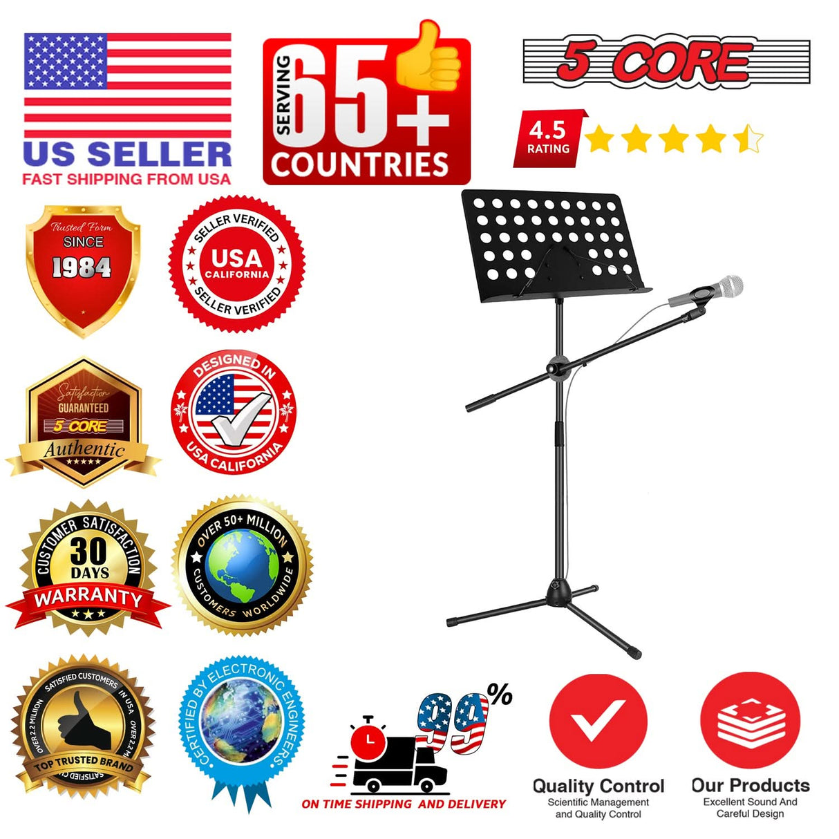 5 Core Music Stand Adjustable Desktop Book Stands w Mic Holder Portable Sheet Holder Metal Bookstand