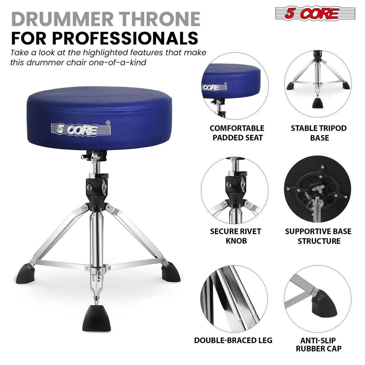 5 Core Drum Throne 4" Thick Padded Guitar Stool 441Lb Capacity 20-26” Adjustable Drummer Chair