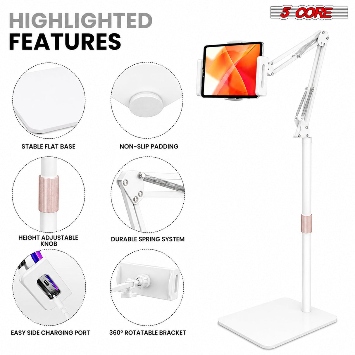 5 Core Tablet Floor Stand 360° Rotatable Adjustable Overhead Universal Bed Phone iPad Stand