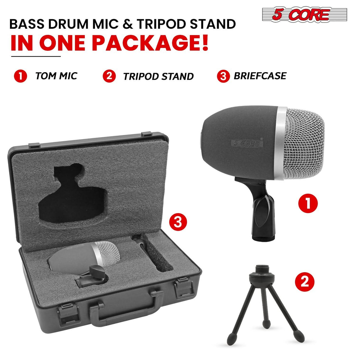 5 Core Kick Drum Microphone Cardioid Dynamic Bass Mic Swivel Adjustable Durable Steel Mesh Grille
