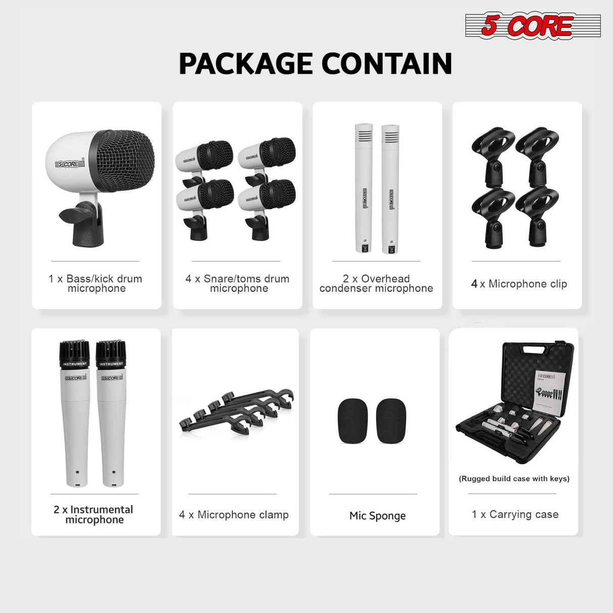 5 Core Drum Microphone Kit 9Pc All Metal Drummer Mics Tom/Snare & Cymbals Wired Instrument Drums Set