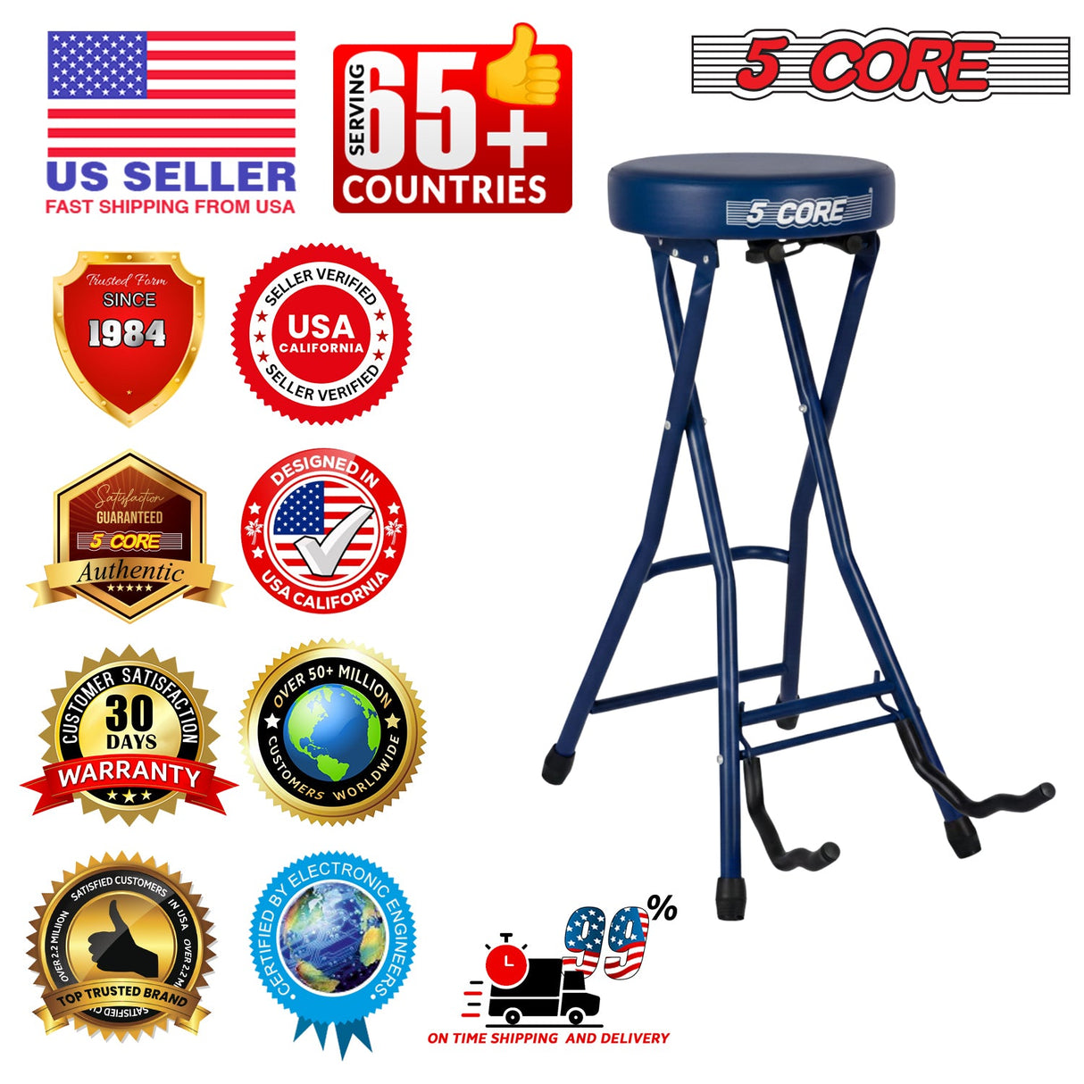 5Core Guitar Stool 3.15" Padded Chair Foldable Heavy Duty Music Seat Built in Foot Rest Guitar Stand