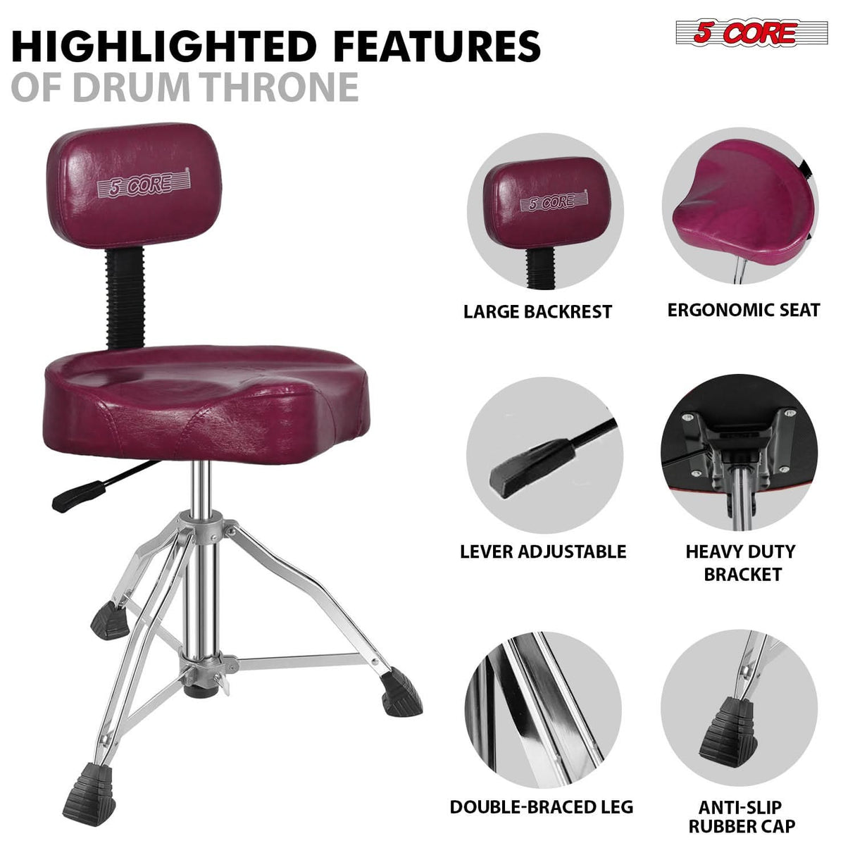 5 Core Drum Throne w Backrest 4" Padded Stool Adjustable 24.5" Drummer Chair w 441Lb Capacity