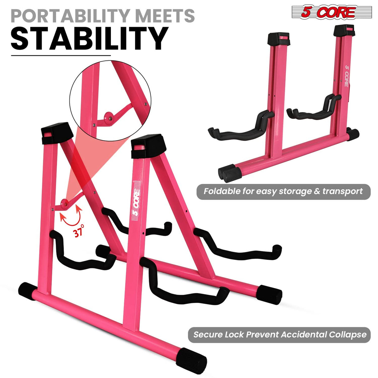 5 Core Double Guitar Stand A Frame Shape w Foam Arms Supports Acoustic Electric Bass Ukulele Banjo