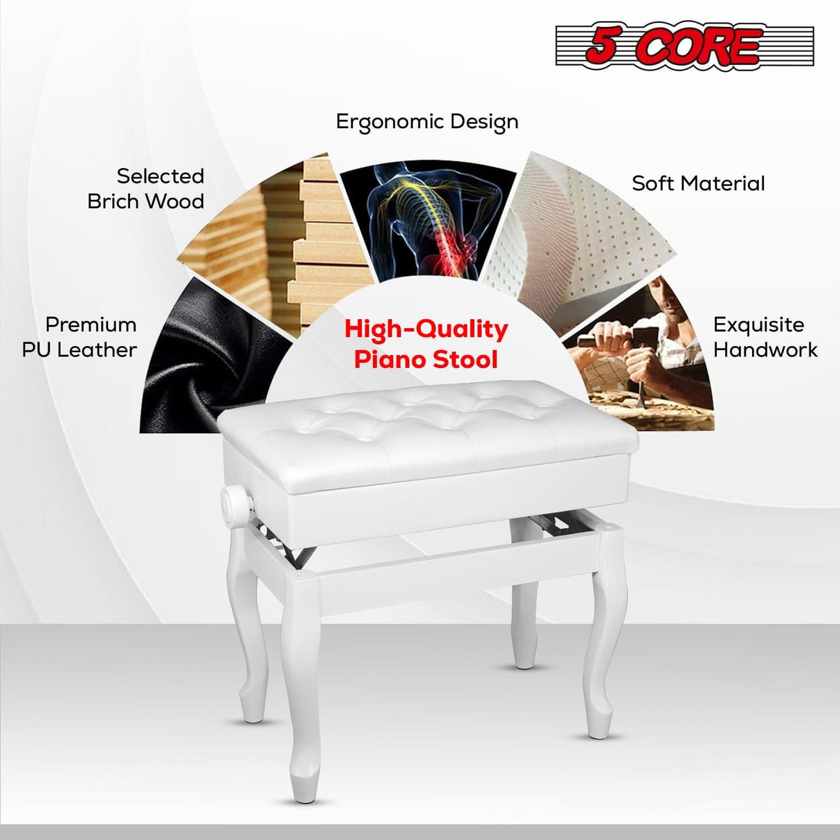 5 Core Piano Bench 3" Padded Cushioned Stool Wooden Heavy Duty Adjustable Musician Chair w Storage