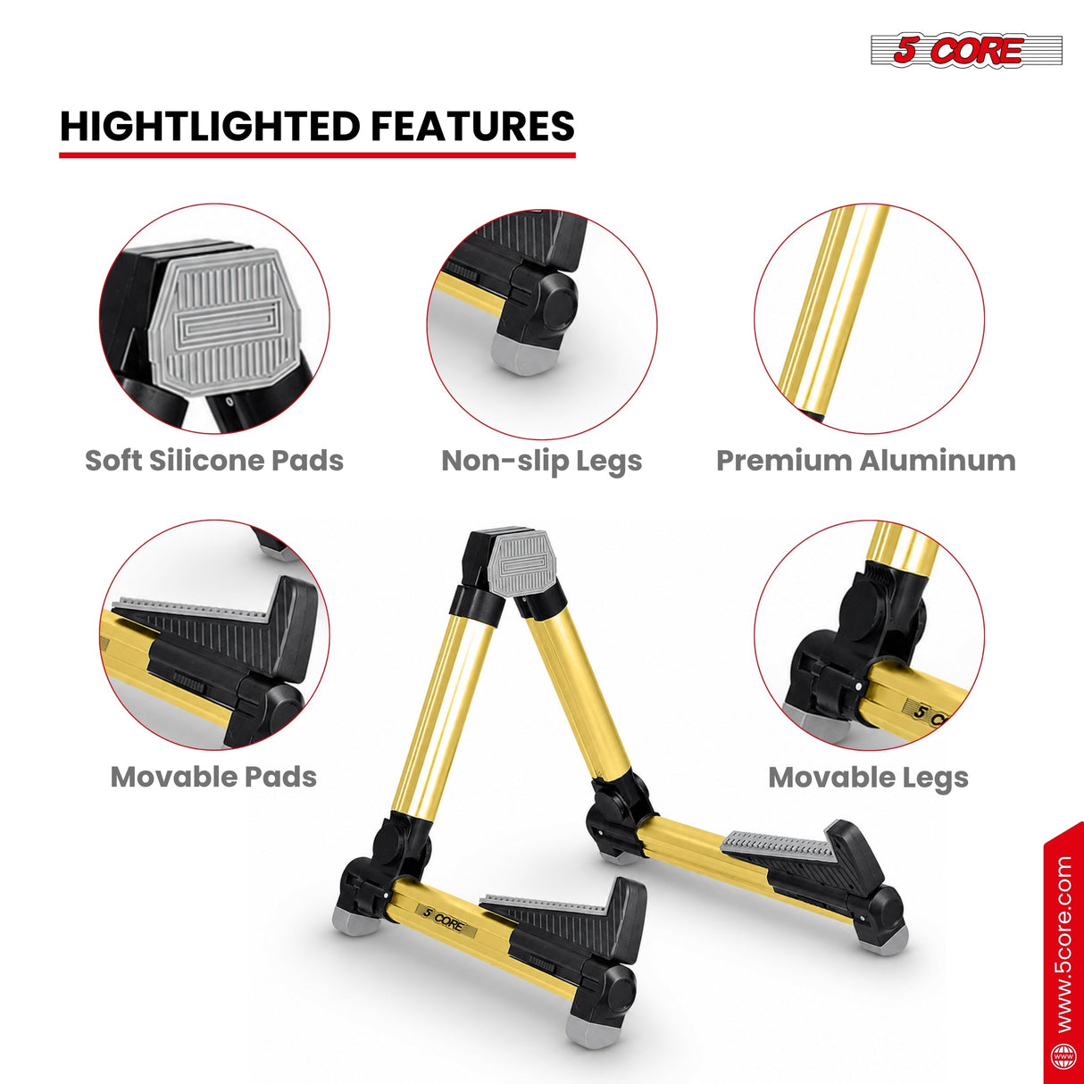 5 Core Guitar Stand Adjustable A Frame Shape w Rubber Pad Arms Supports Acoustic Electric Bass Gold
