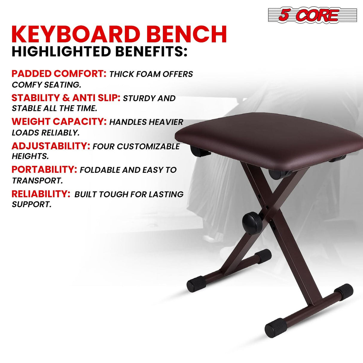 5 Core piano stool modern design cushioned seat view