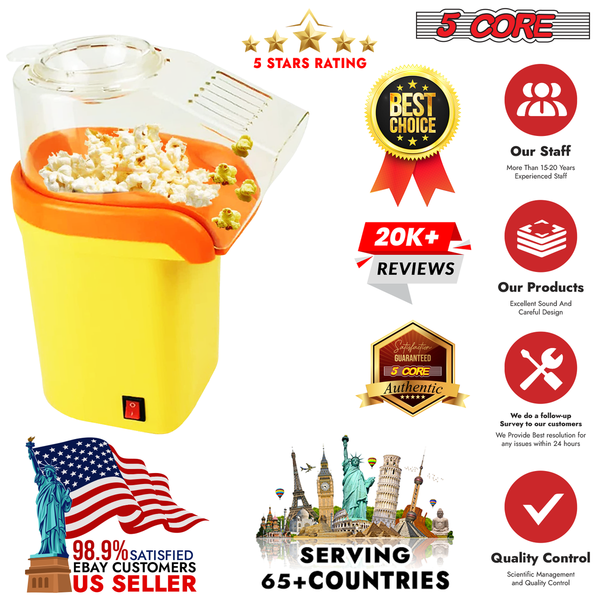 5 Core Popcorn Maker 1200W Hot Air Popper 16 Cup Capacity for Popping Corn Kernels w Measuring Cup
