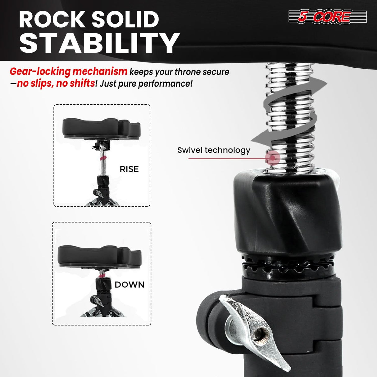 5 Core Drum Throne 5" Padded Split Spine Support 4 Legged 441Lb Capacity Drummer Stool