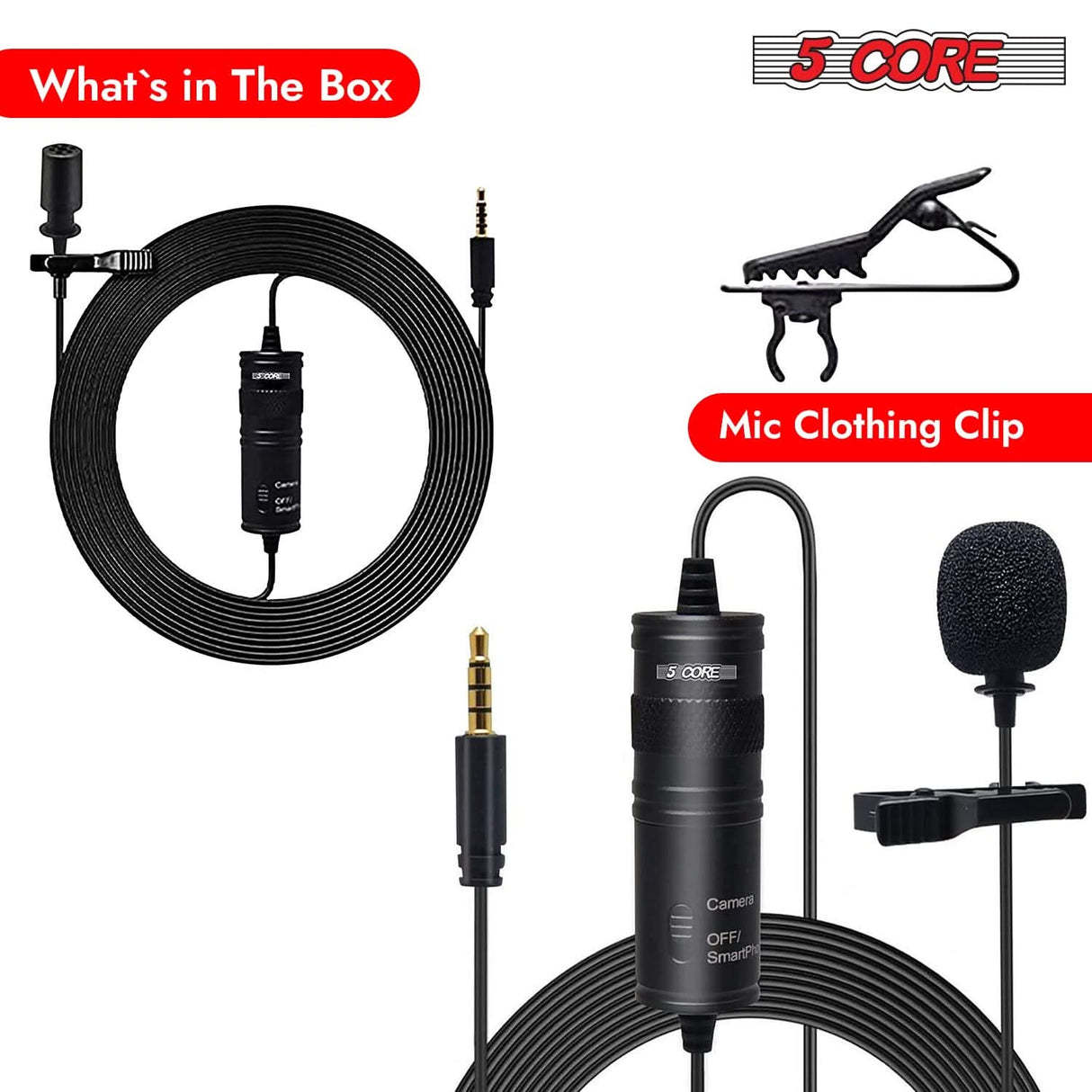 5Core Lavalier Microphone Clip On Professional Grade 3.5mm Lav Lapel Mic Omnidirectional