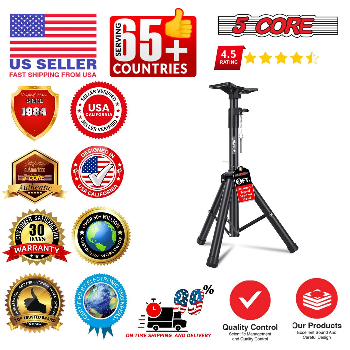 5 Core Speaker Stand Height Adjustable 36" Heavy Duty PA DJ Tripod Studio Monitor Stands