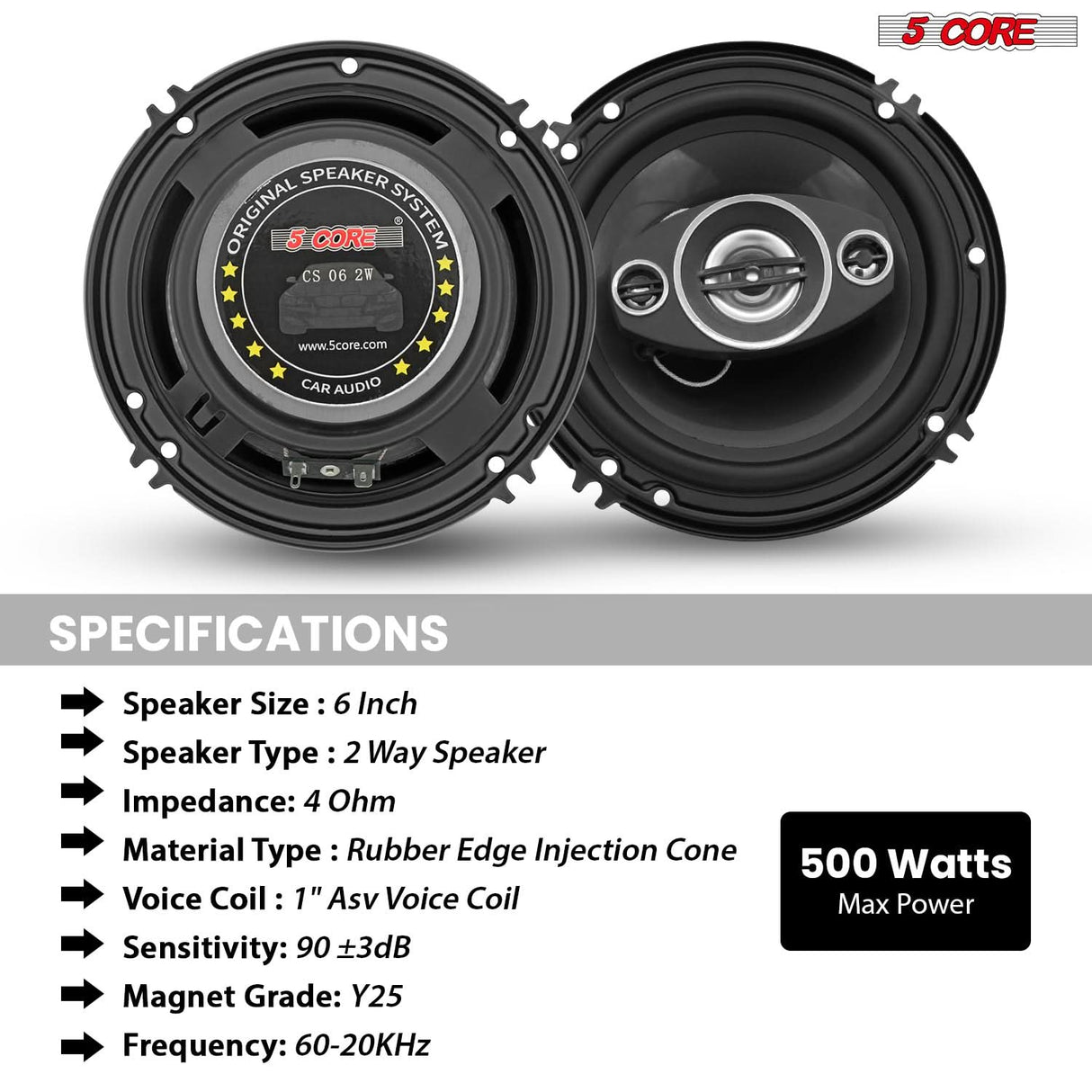5Core Coaxial Car Door Speakers 6” Pair 500W 4Ohm 2 Way Component Subwoofer Audio w Super Tweeter
