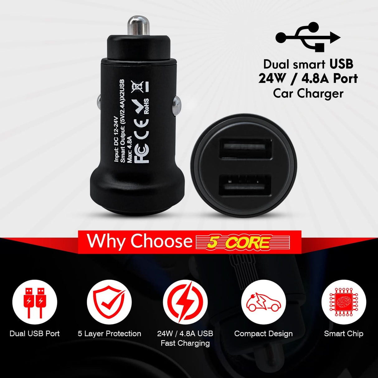 5 Core Fast Car Charger Pair Quick Charging Phone USB Adapter 2 Port Cigarette Lighter Auto Charger