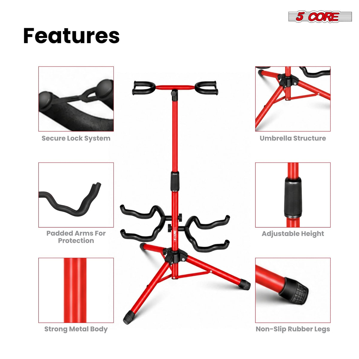 5 Core Guitar Stand Adjustable Double Guitars Stands Floor w Neck Holder for Acoustic Electric Bass