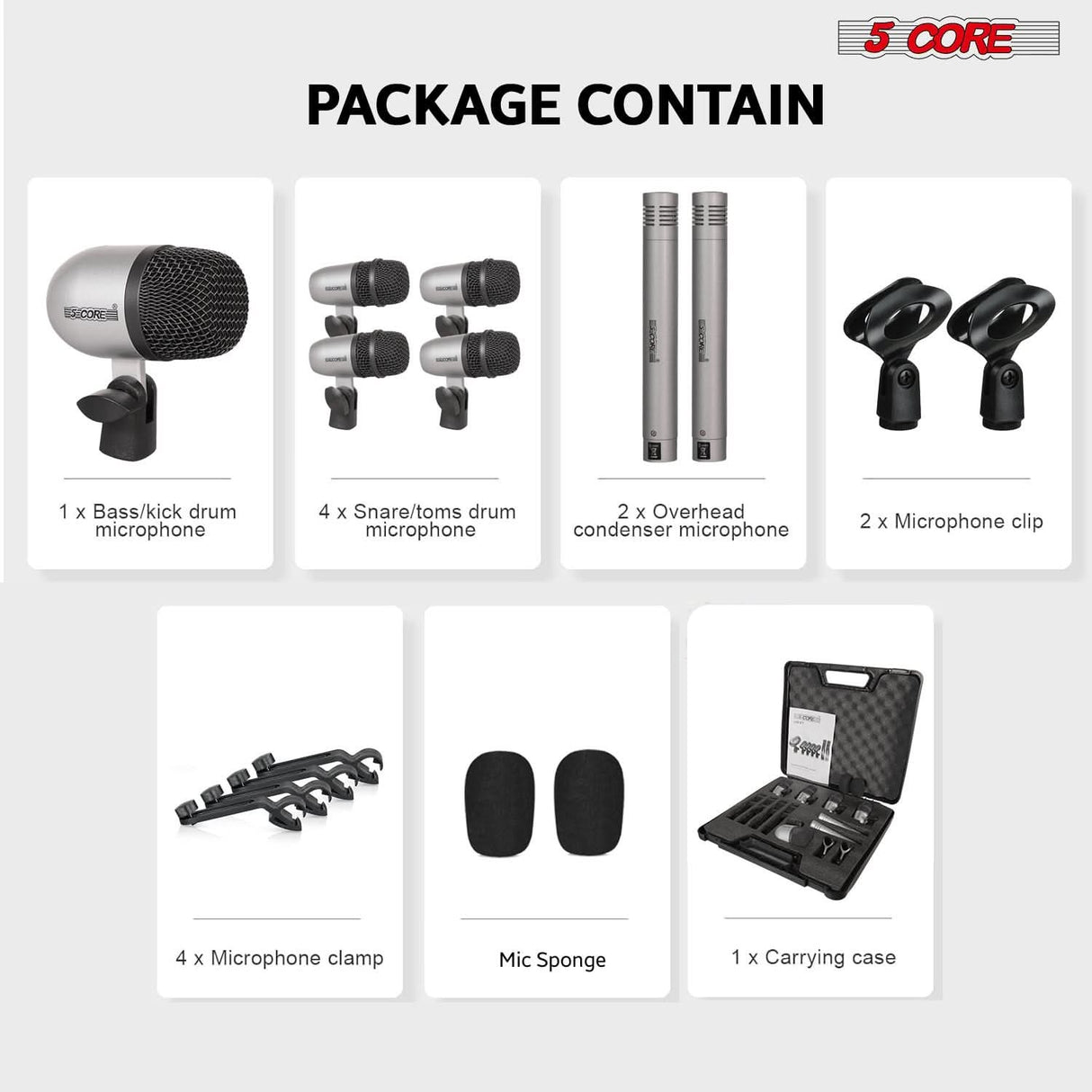 5 Core Drum Microphone Kit 7Pc All Metal Drummer Mics Tom/Snare & Cymbals Wired Instrument Drums Set