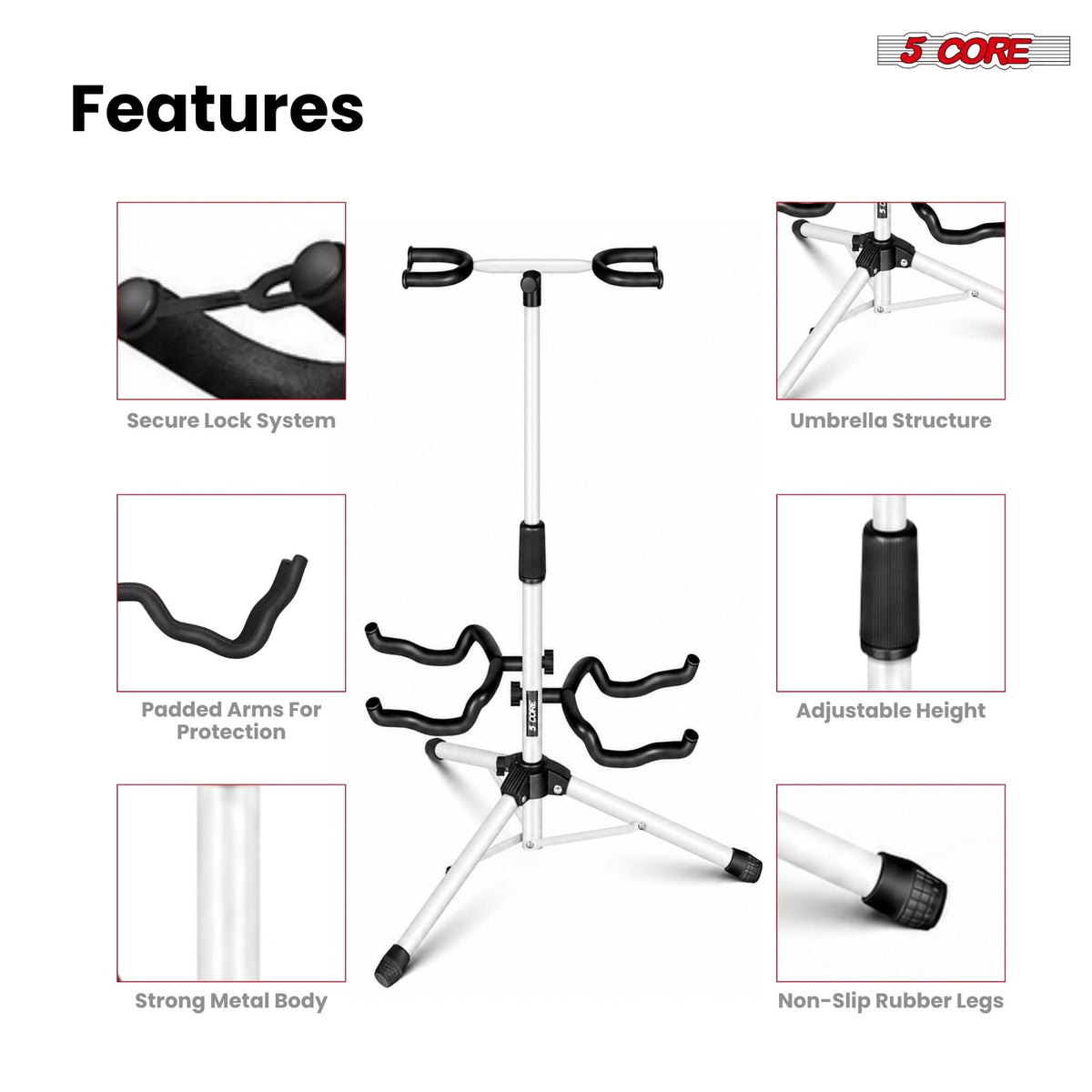 5 Core Guitar Stand Adjustable Double Guitars Stands Floor w Neck Holder for Acoustic Electric Bass