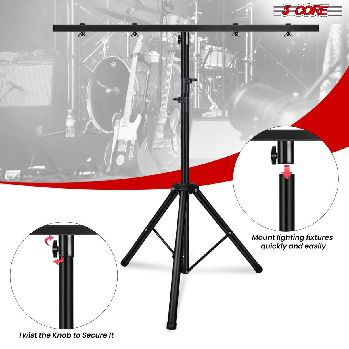 5 Core DJ Light Stand Height Adjustable 39-100" Heavy Duty Tripod Stage Lights Stands w Light T Bar