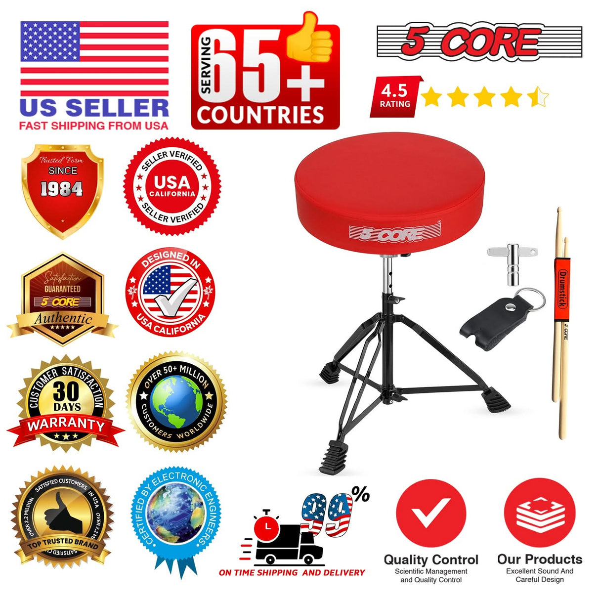5 Core Drum Throne 3" Padded Drum Seat Height Adjustable Drumming Chair for Practice and Performance
