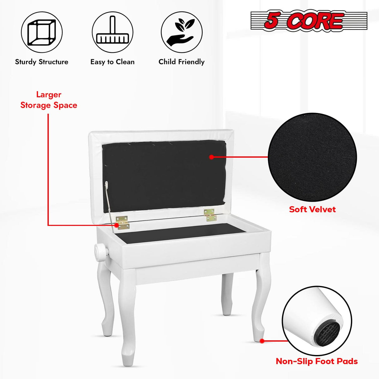 5 Core Piano Bench 3" Padded Cushioned Stool Wooden Heavy Duty Adjustable Musician Chair w Storage