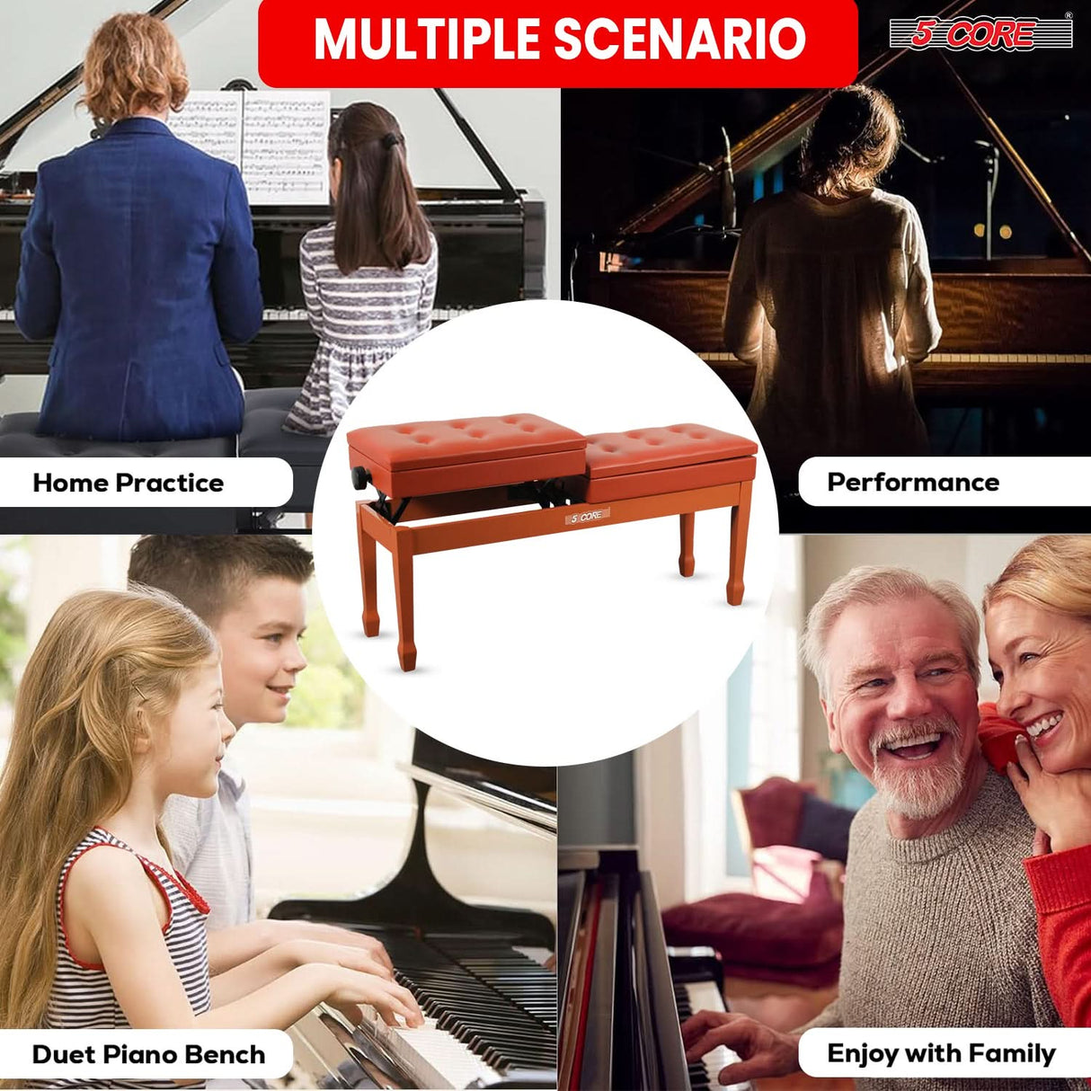 5 Core Duet Piano Bench 3.5 Inch Padded Cushioned Stool Wooden Heavy Duty Musician Chair w Storage
