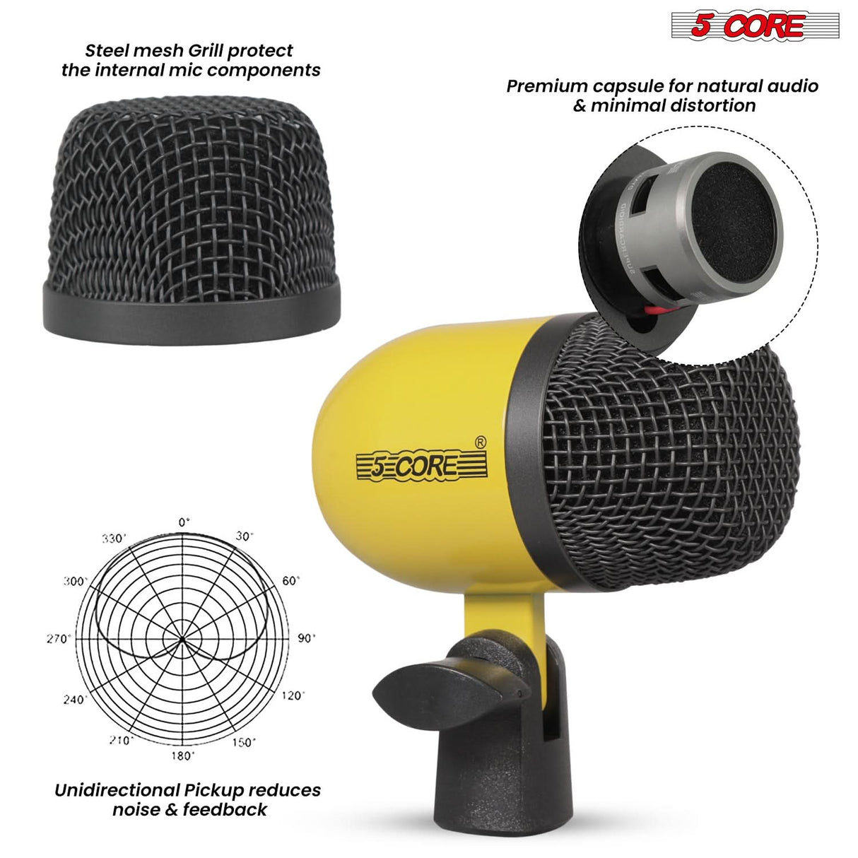 5 Core Drum Microphone Kit 9Pc All Metal Drummer Mics Tom/Snare & Cymbals Wired Instrument Drums Set
