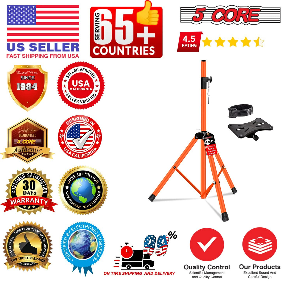 5 Core Speaker Stand Pair Adjustable 31 to 54" PA DJ Tripod Stands Heavy Duty w 35mm Insert 132 Lbs