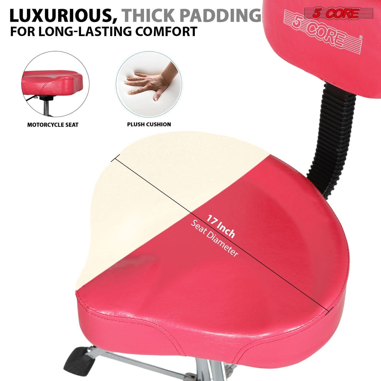 5 Core Drum Throne w Backrest 4" Padded Stool Adjustable 24.5" Drummer Chair w 441Lb Capacity