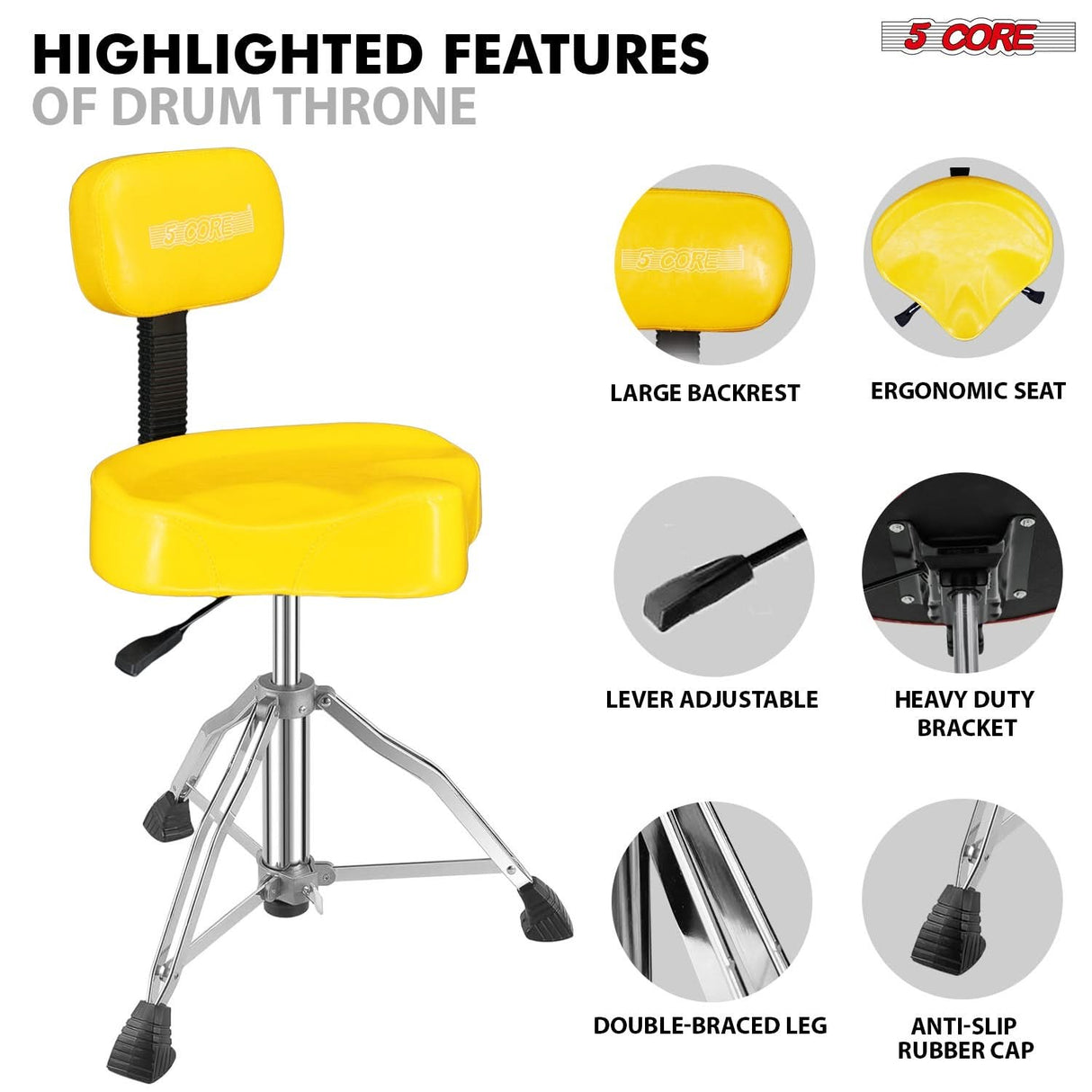 5Core Drum Throne 4" Cushion Padded Stool w Backrest Airlift Height Adjustable Chair w 441Lb Capcity