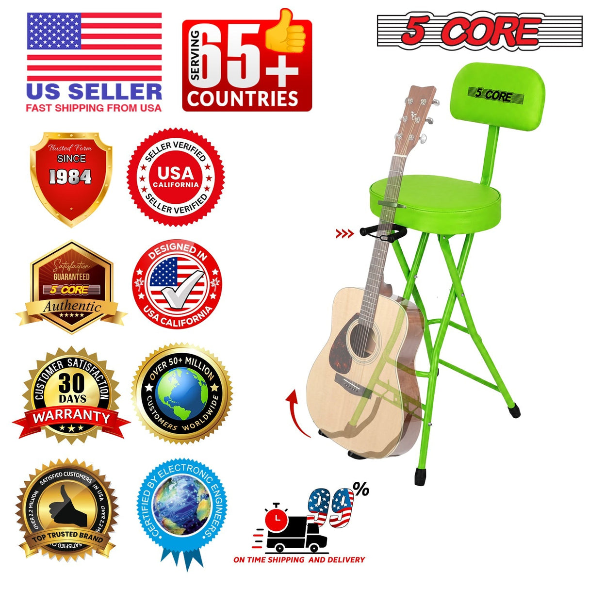 5Core Guitar Stool 3.15" Padded Chair w Backrest Foldable Music Seat Built in Foot Rest Guitar Stand
