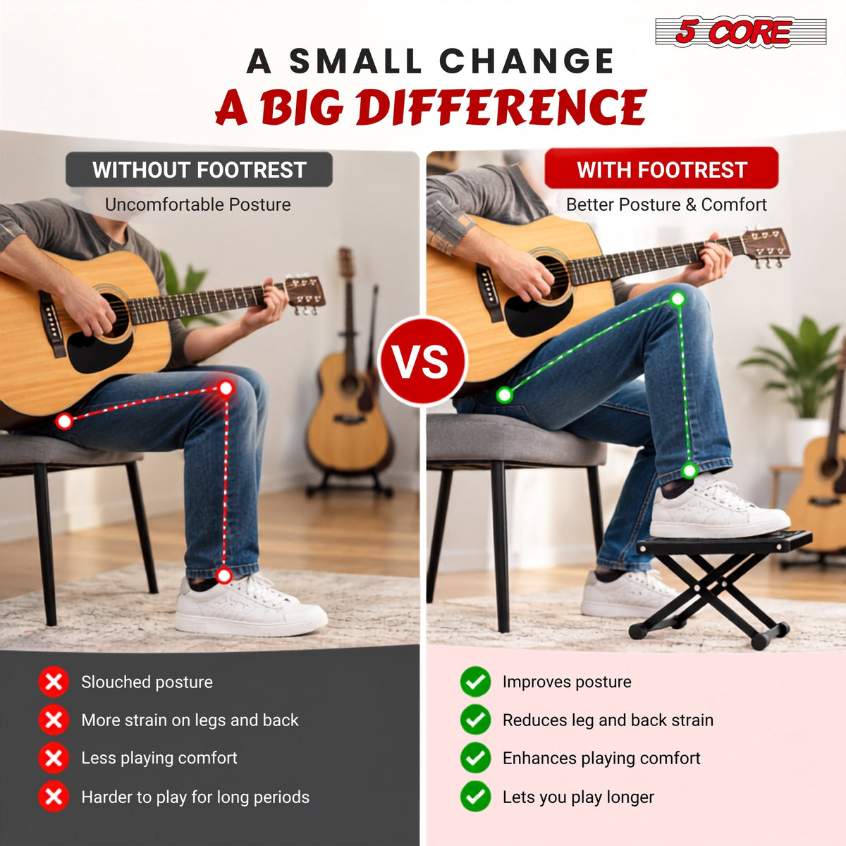 5Core Guitar Foot Stool Height Adjustable Folding Leg Rest Classical Footrest