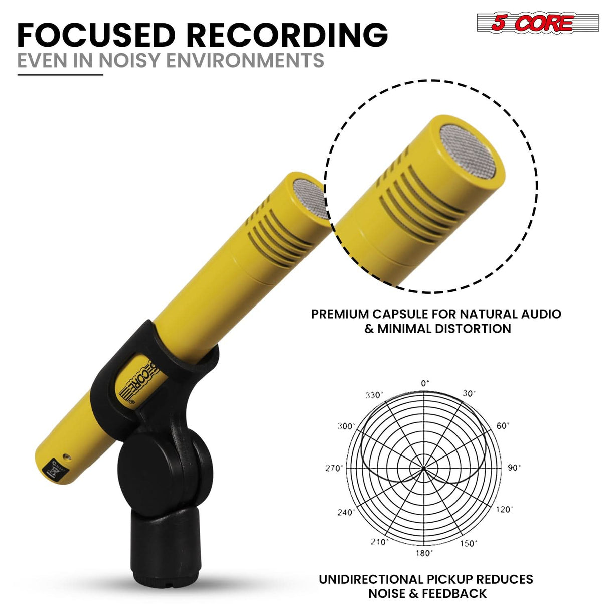 5 Core Drum Microphone Kit 7Pc All Metal Drummer Mics Tom/Snare & Cymbals Wired Instrument Drums Set