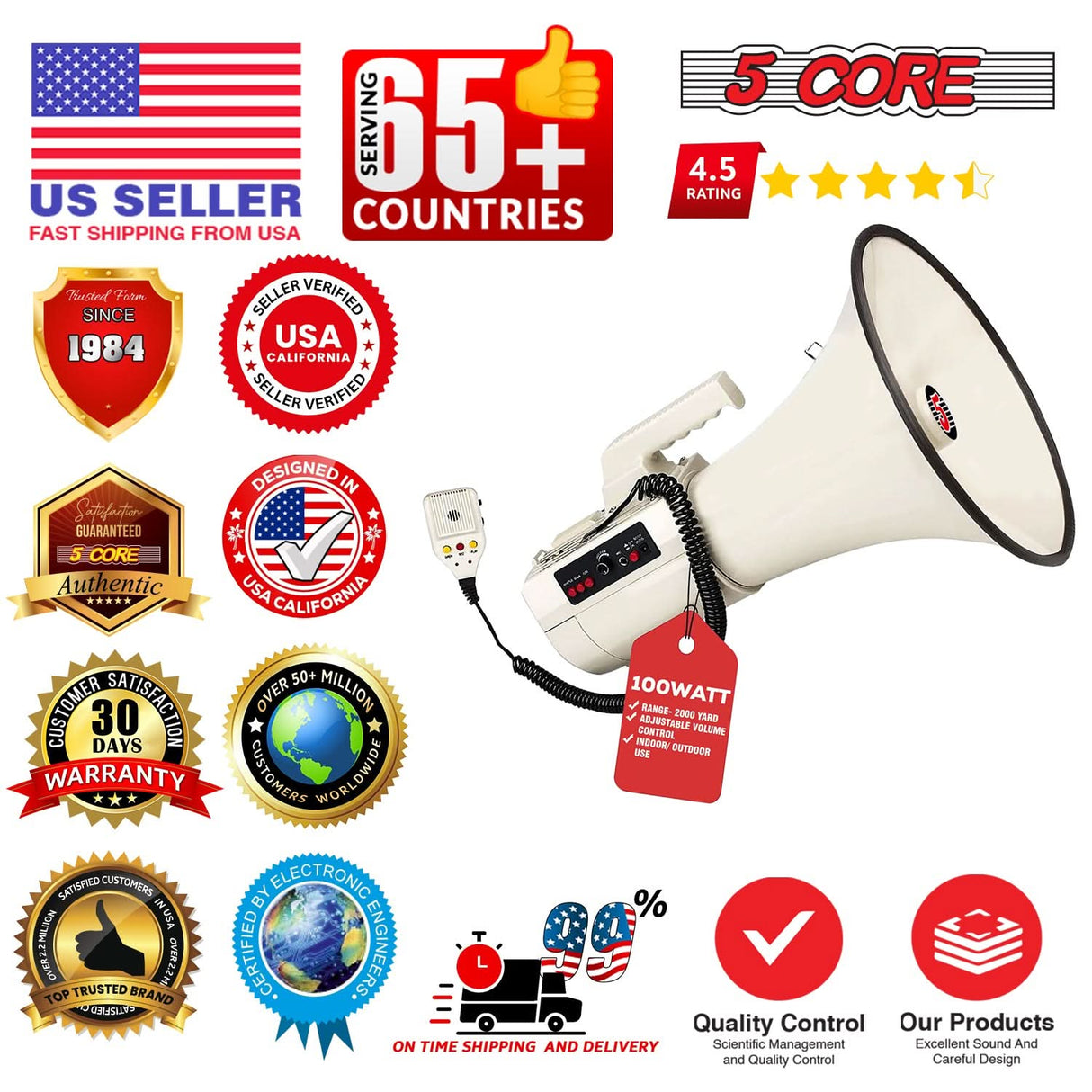 5Core Megaphone Bullhorn Speaker 100W Professional Bull Horn Battery Power Megafono 2000Yard Range