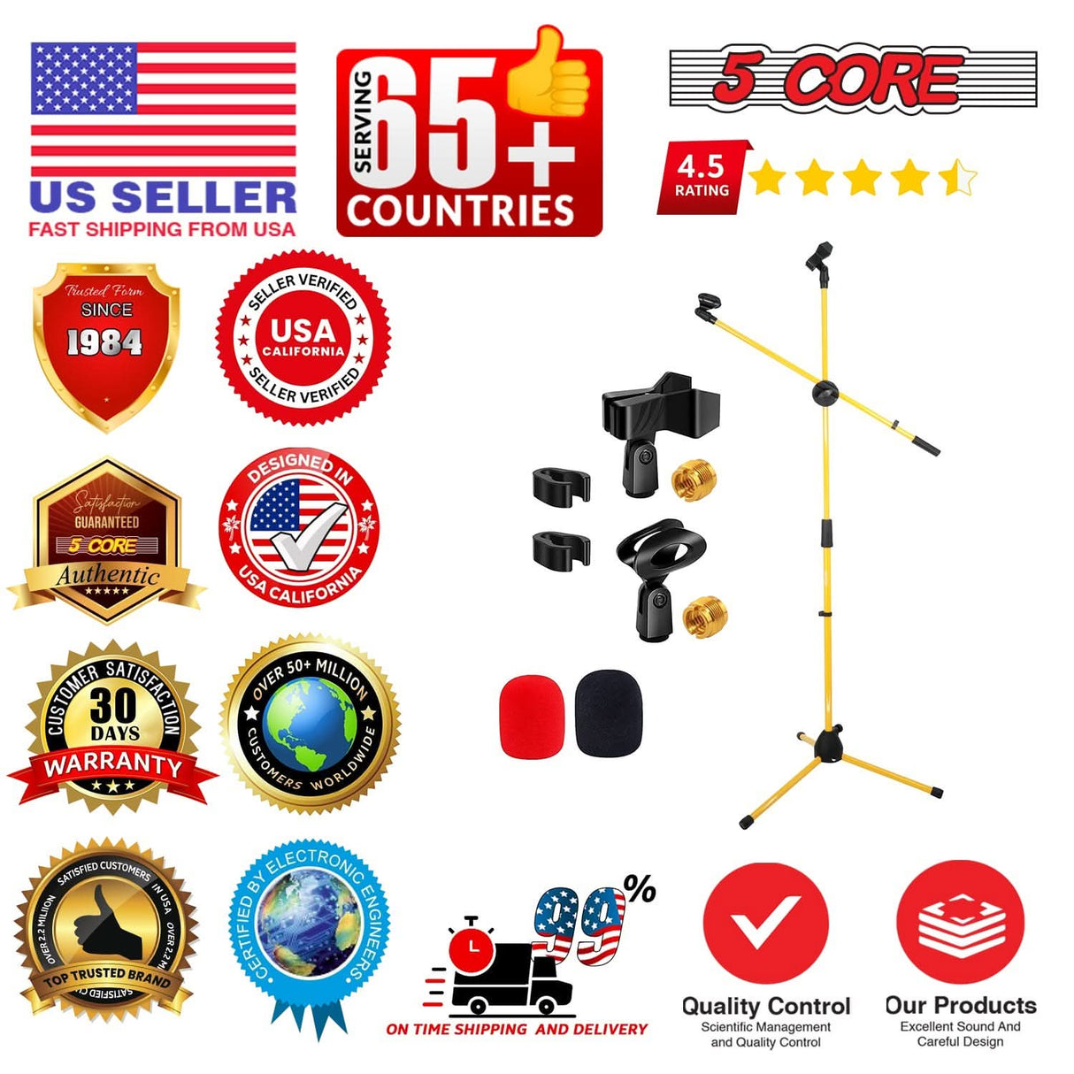 5 Core Mic Stand Floor Height Adjustable Tripod Microphone Stands w Extending Telescoping Boom Arm