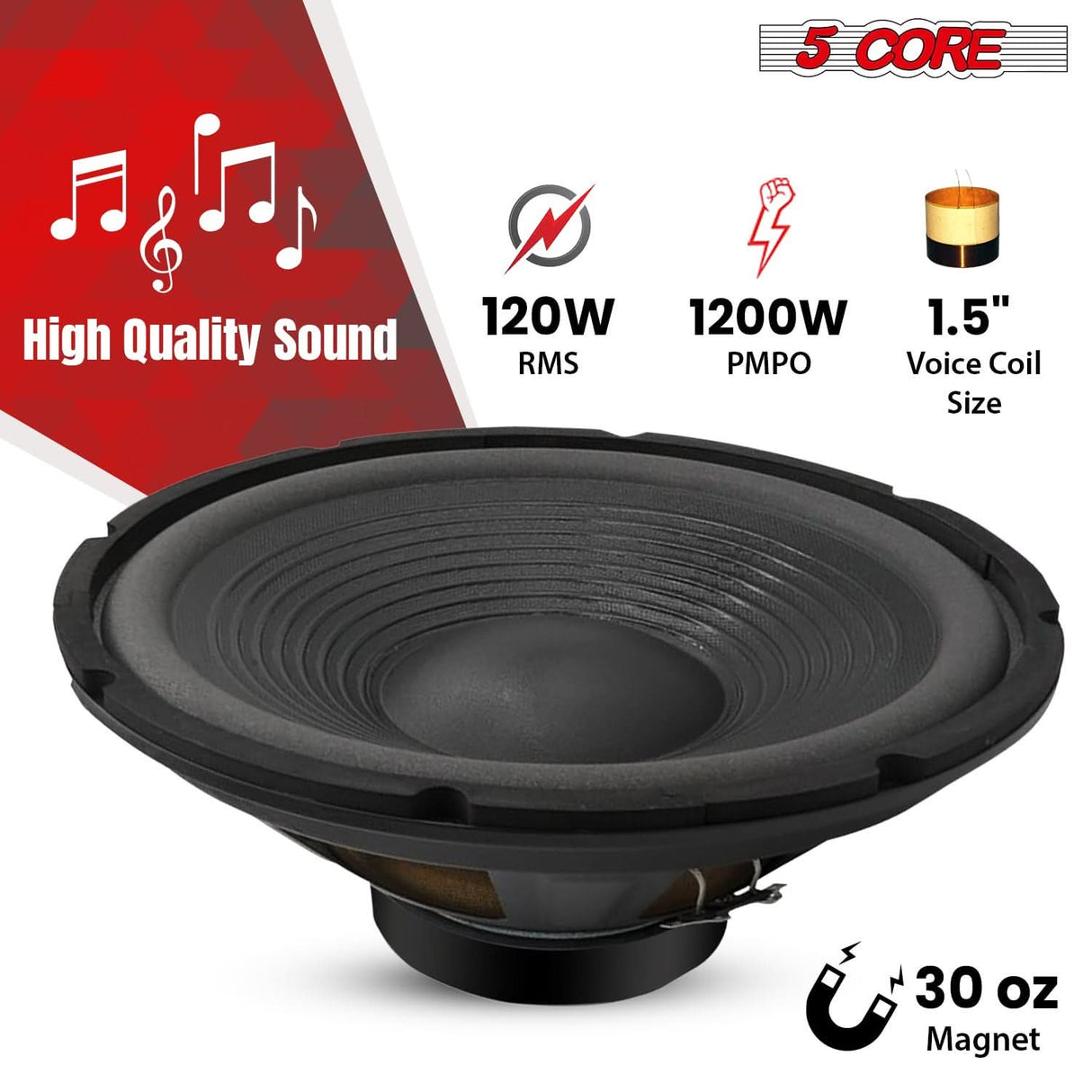 5 Core 12" Subwoofer 120W Car Audio Sub Woofer 8 Ohm Deep Bass Replacement Component Loud Speaker