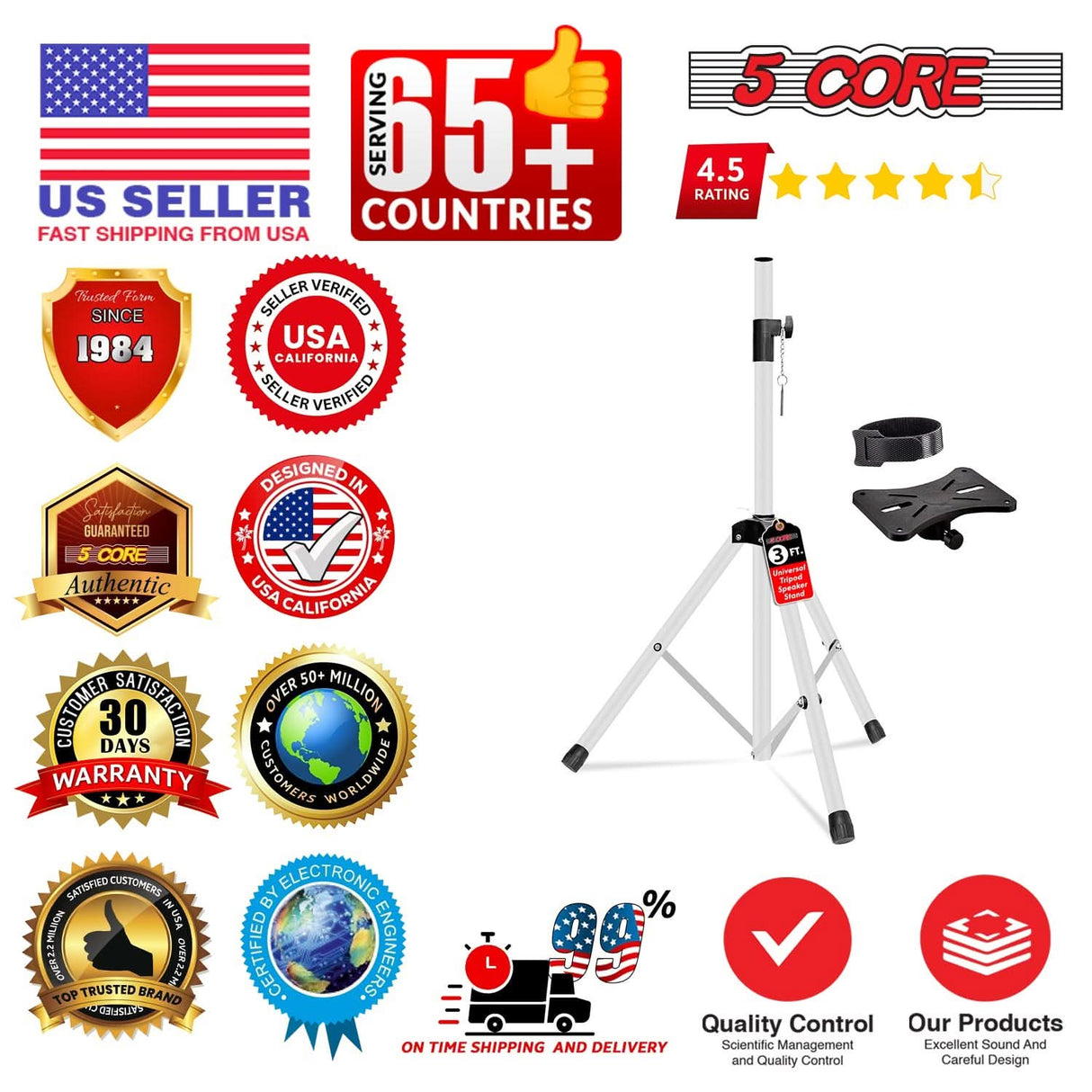 5 Core Speaker Stand Adjustable 31 to 36" PA DJ Tripod Stands Heavy Duty w 35mm Insert 132 Lbs
