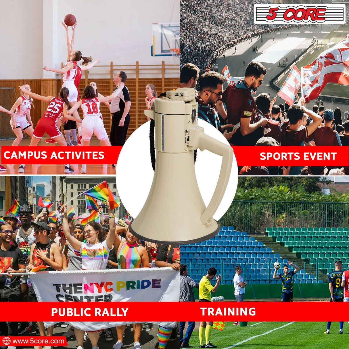 5 Core Megaphone 100W Bull Horn Professional PA Speaker w 2000 Yards Range Loud Siren Voice Amp