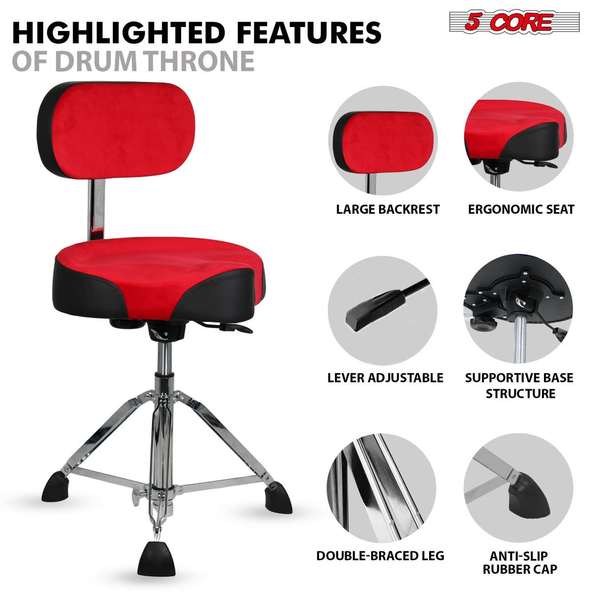 5 Core Drum Throne w Backrest 4" Padded Stool Airlift 25" Adjustable Drummer Stool 441Lb Capacity