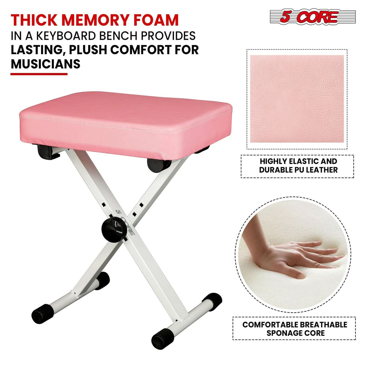 5Core Keyboard Stand Double X Style Adjustable Piano Riser with Keyboard Piano Bench Pink
