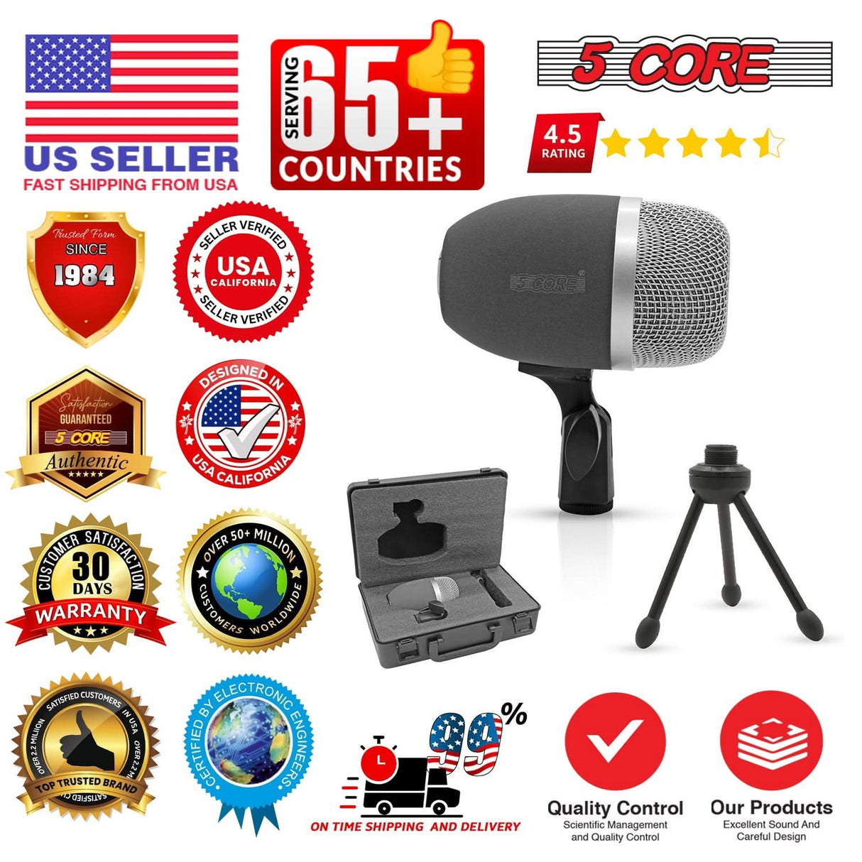 5 Core Kick Drum Microphone Cardioid Dynamic Bass Mic Swivel Adjustable Durable Steel Mesh Grille