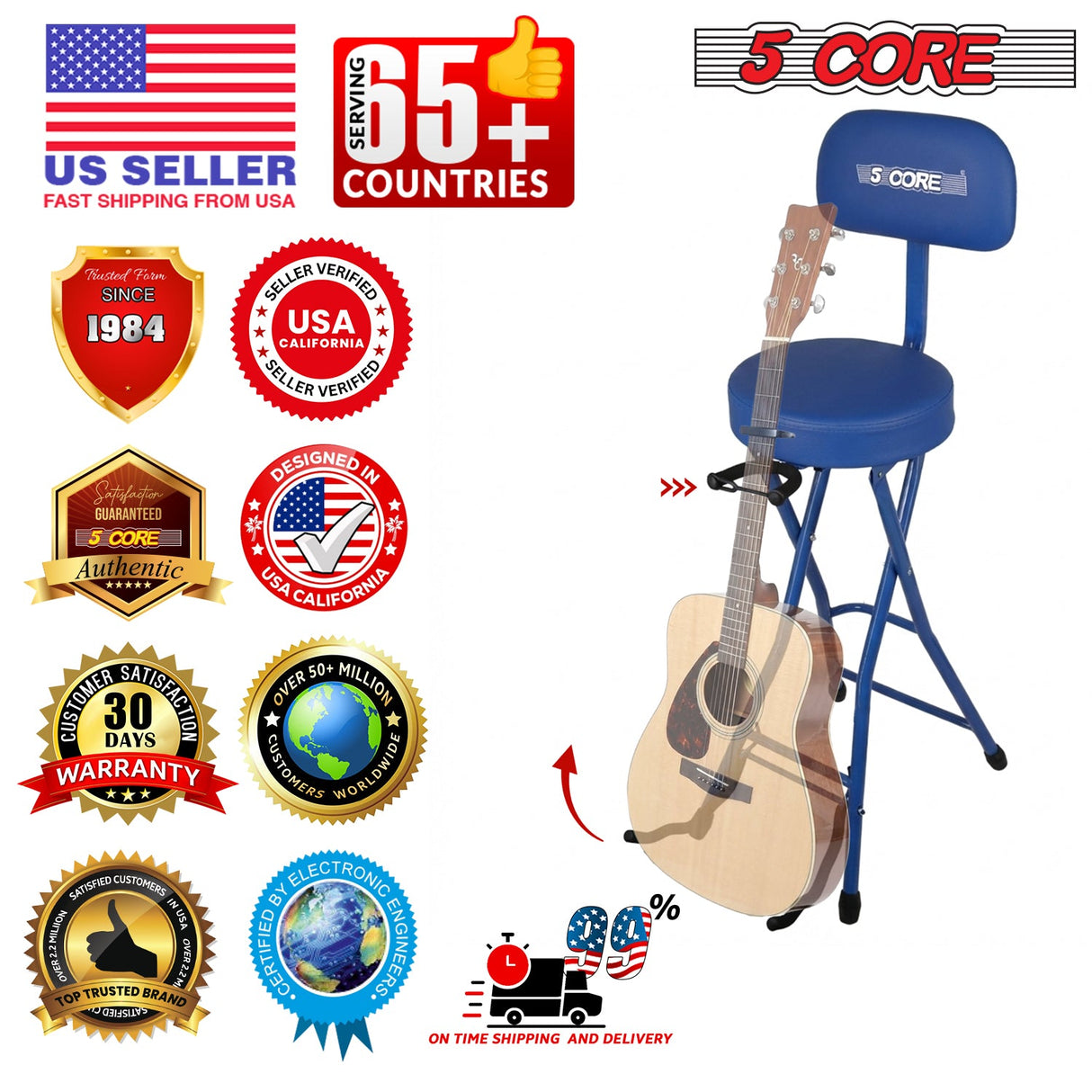 5 Core Guitar Stool w Backrest 3.15" Padded Chair Foldable Music Seat Built in Foot Rest Guitar Stand