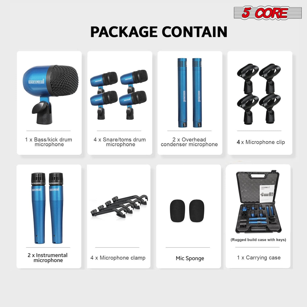 5 Core Drum Microphone Kit 9Pc All Metal Drummer Mics Tom/Snare & Cymbals Wired Instrument Drums Set