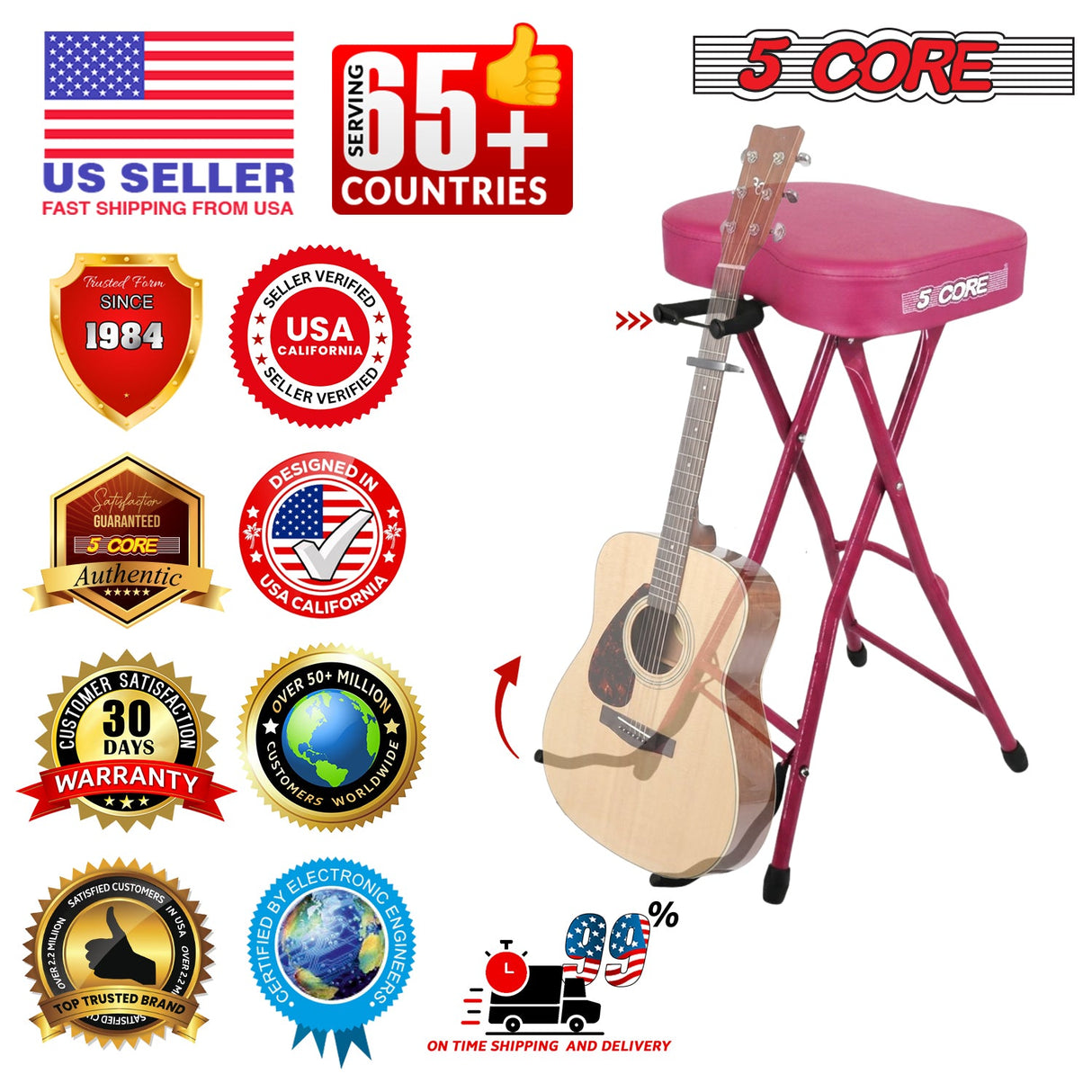 5 Core Guitar Stool 3.15" Padded Chair Foldable Music Seat w Built in Foot Rest Guitar Stand