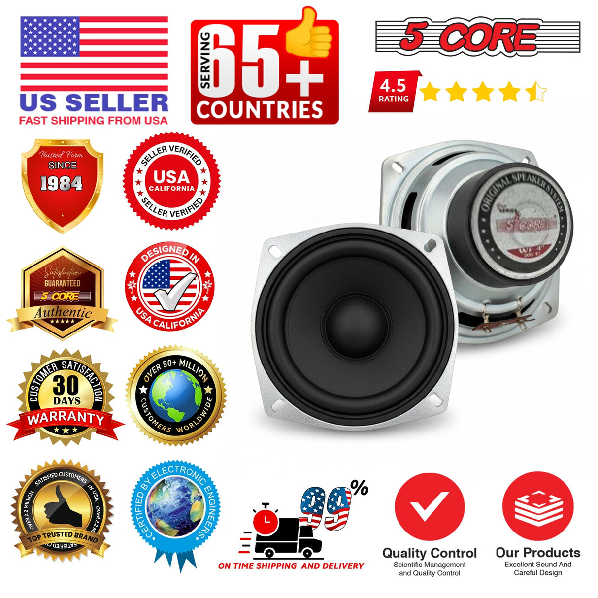5 Core 4 Inch Subwoofer Pair 200W Car Audio Sub Woofer 4 Ohm Deep Bass Replacement Loud Speaker