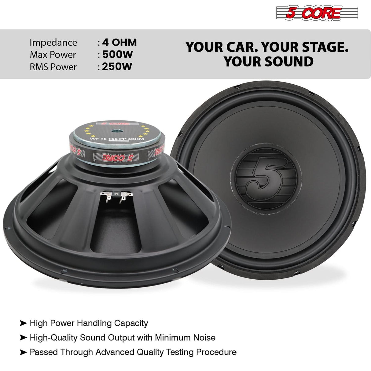 5 Core 15 Inch Woofer Pair 500W Car Subwoofer 4Ohm Replacement Deep Sub w Poly Cone